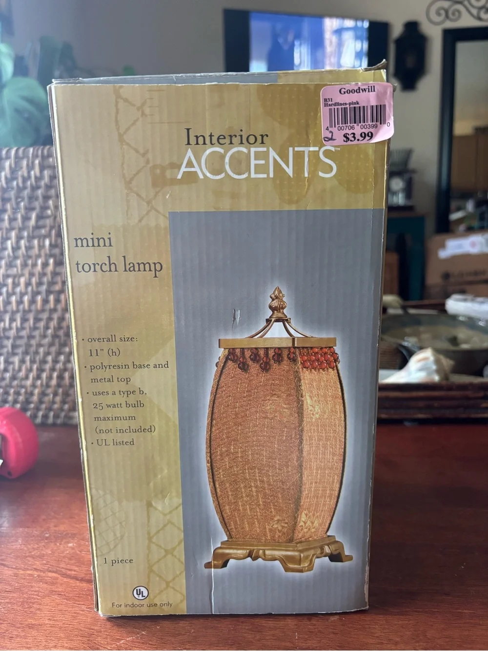 Interior Accents mini torch lamp w distinctive beaded fabric shade & resin base